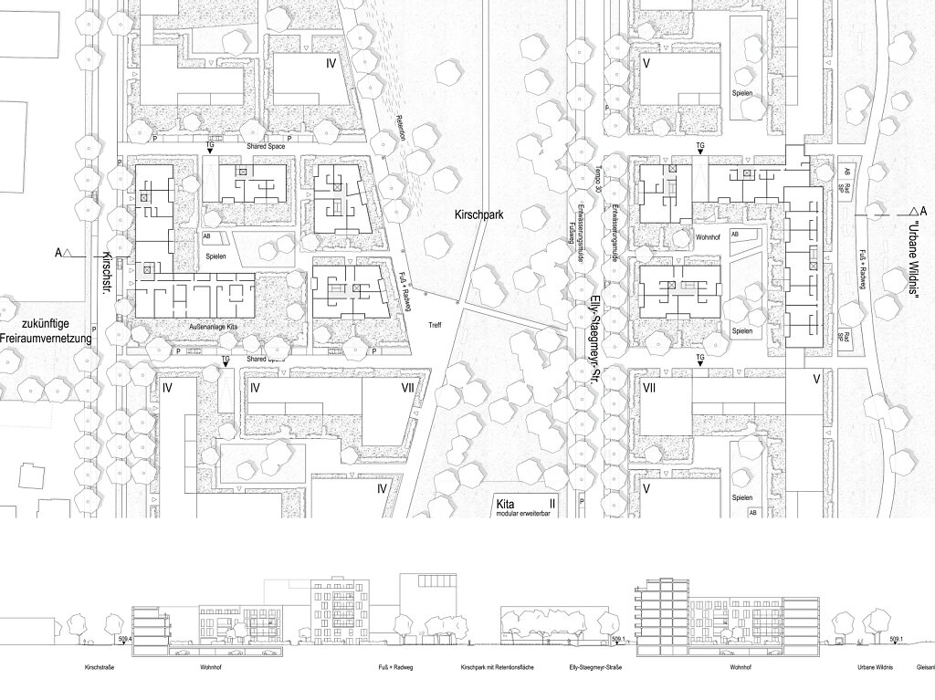 Lageplan mit München Kirschgelände - Haustypen, Schnitt O-W